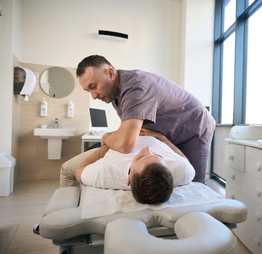 Physical therapist guiding a patient through rehabilitation exercises